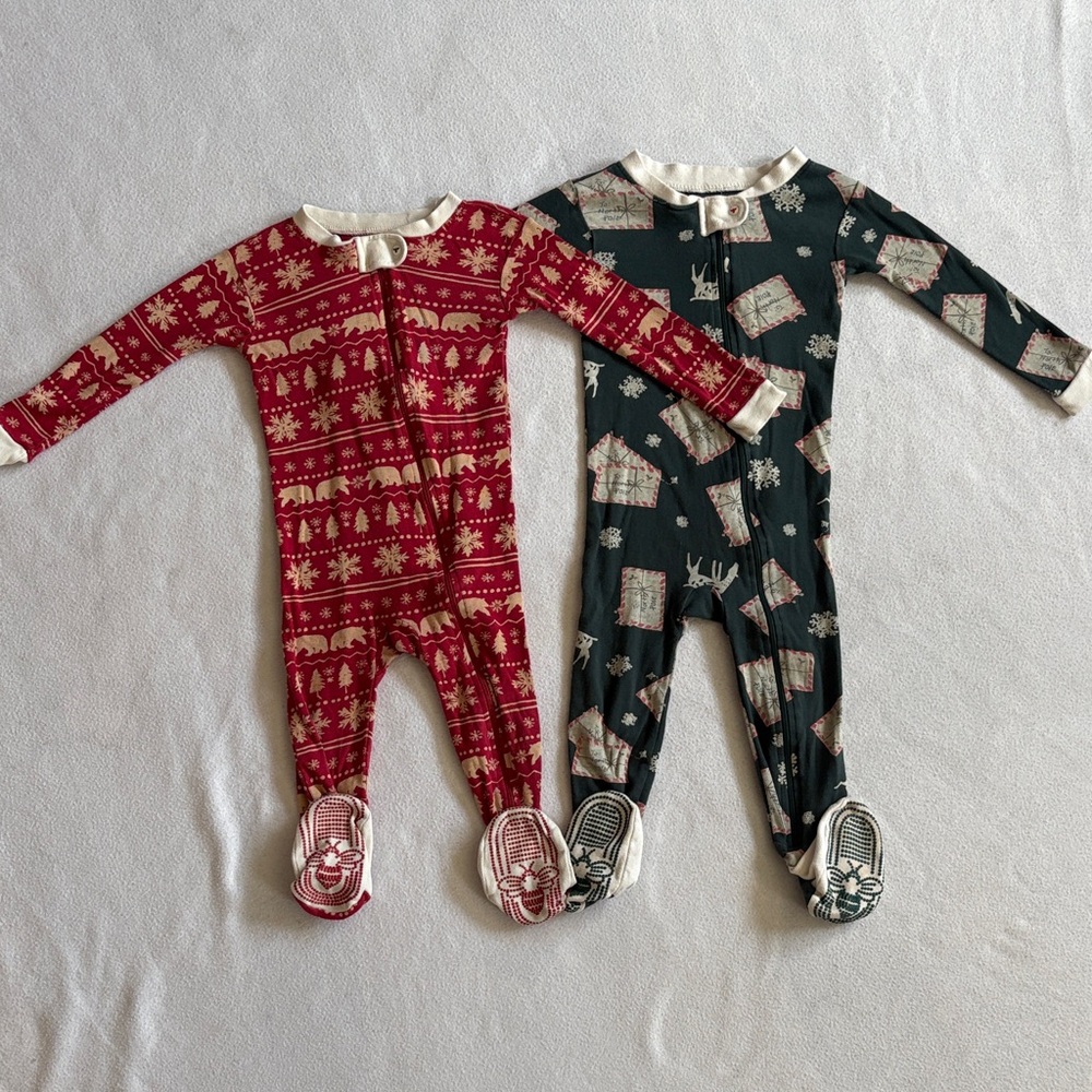 Burt's Bees Red and Green Holiday Print Footed One-Pieces